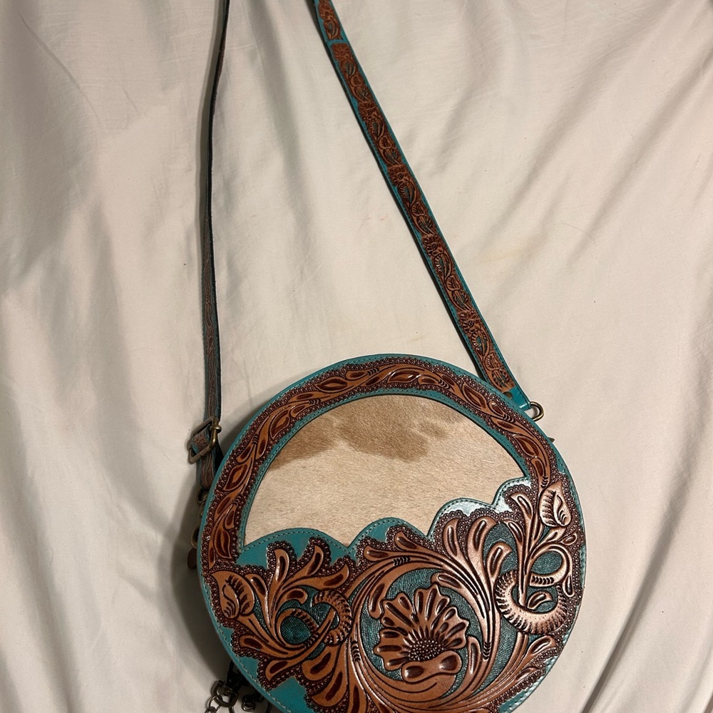 Myra Bag Teal and Brown Round Crossbody
